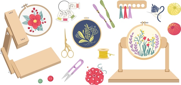 Assorted embroidery threads and hoops